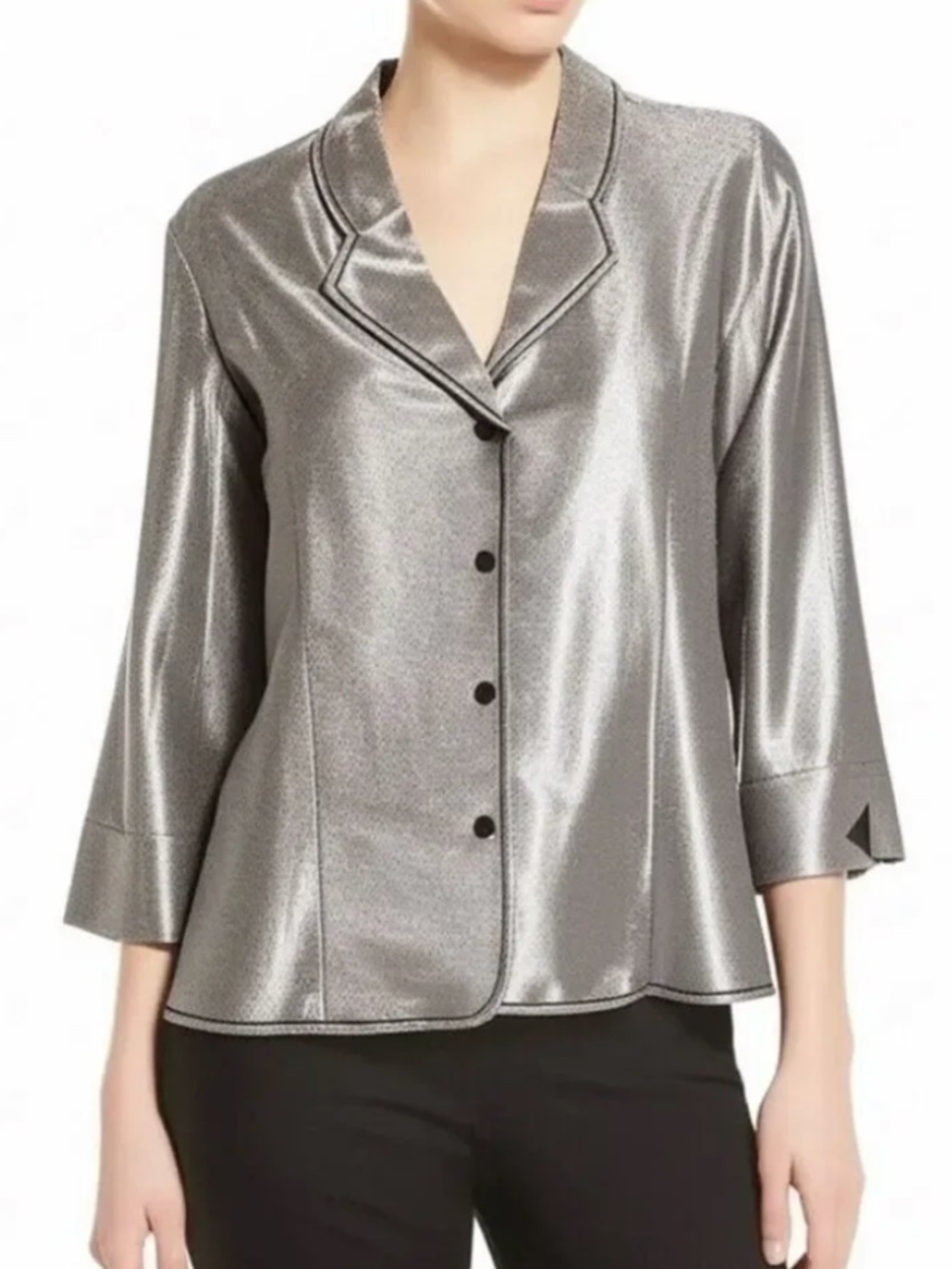 Vintage Ardoise Montreal metallic silver print satin 3/4 sleeve blouse 15-16